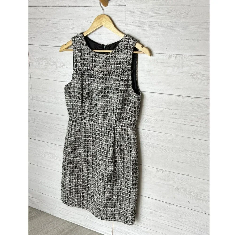 J Crew Dress Womens Size 6 Black & White Tweed Pleated Sheath Academia
